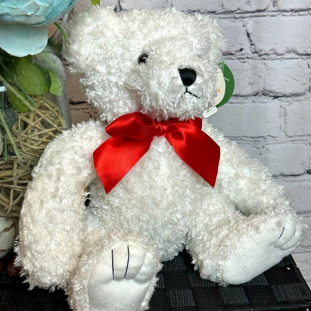 First and Main Tucker the Bear White with Red Bow Hand Crafted Stuffed